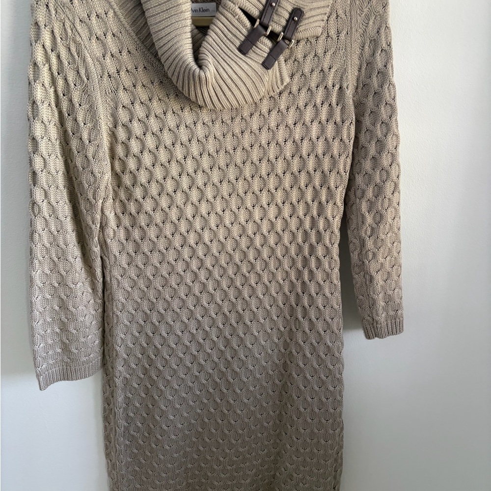 Calvin Klein Taupe Cable-Knit Cowl Neck Sweater Dress with Buckle Detail